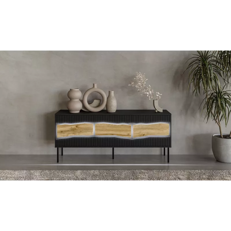TV spintelė cama meble INSERTO 3D 143.5x40x61.5 cm juoda su LED, medžio drožlių plokštės viršus