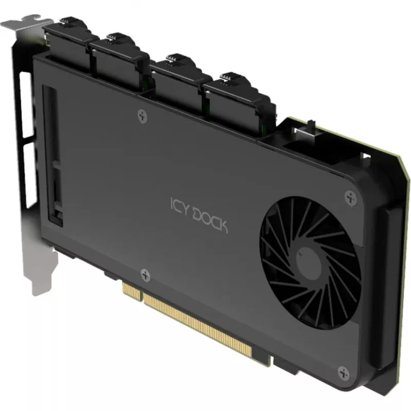 „Icy Dock MB204MP-1B“ – mobilaus stovo adapterio kortelė, 4 × M.2 NVMe SSD karštojo keitimo dėklas