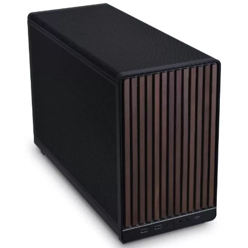 Korpusas Lian Li A3-mATX Micro Tower — Micro-ITX/Micro-ATX, mediena ir juoda, palaiko ATX/SFX/SFX-L maitinimo blokus