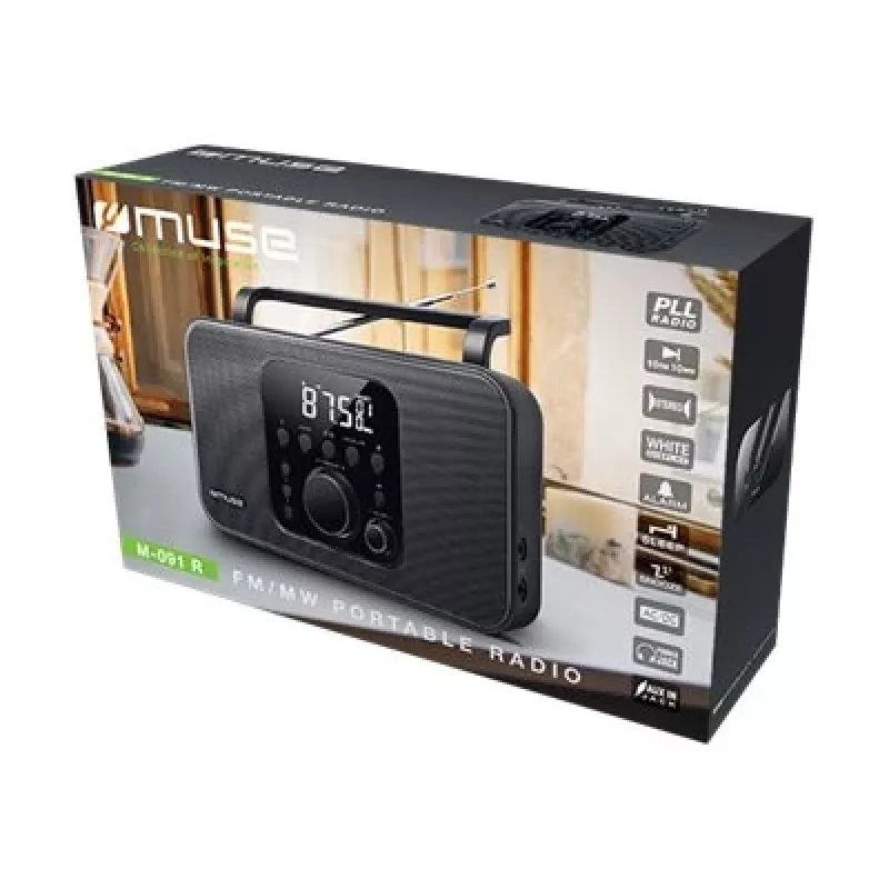 Nešiojamas radijo imtuvas Muse M-091 R — FM/AM, LCD ekranas, maitinimas iš tinklo arba AA/D baterijų, juodas