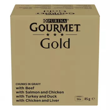 Šlapias kačių ėdalas daugiapakė Purina Nestlé GOURMET Gold gabaliukai padaže – 96 x 85 g, 8,16 kg, 4 skonių mišinys