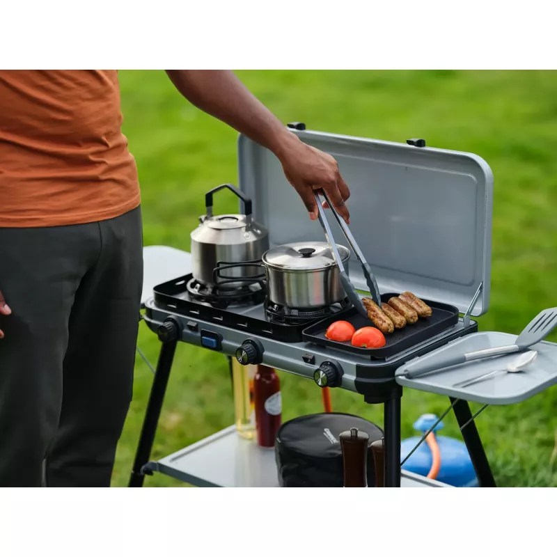 Camping Kitchen 2 Multi Cook Plus, dujinė viryklė pilka, 2 kaitvietės 2x 1,8 kW + grotelių plokštė 0,9 kW, modelis 2025