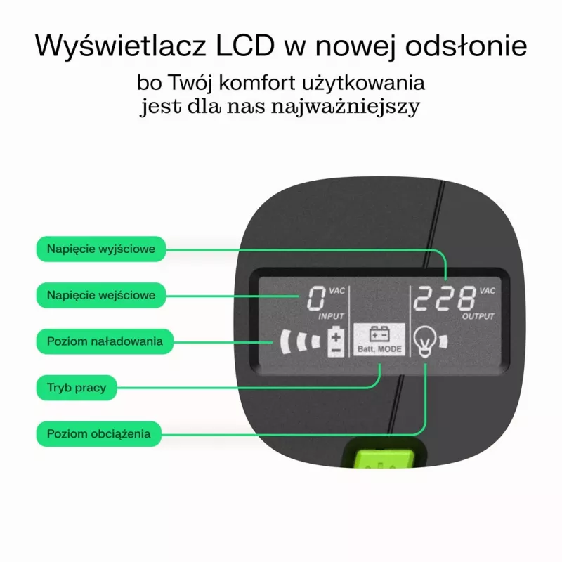 Nepertraukiamo maitinimo šaltinis Green Cell UPSLP480 0,75 kVA (480 W) 4 AC lizdai, 2×12 V 7 Ah VRLA, bokštinis, AVR
