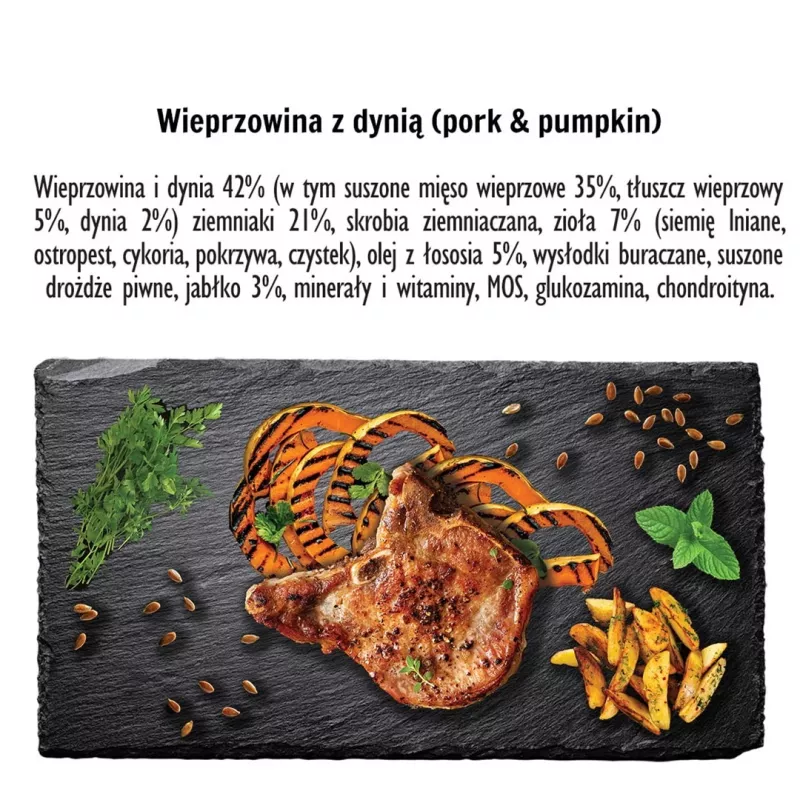 Sausas šunų ėdalas PAKA ZWIERZAKA Kiauliena su moliūgu L 9 kg – suaugusių didelių veislių šunų priežiūrai, vieno baltymo, 29% baltymų, 15% riebalų