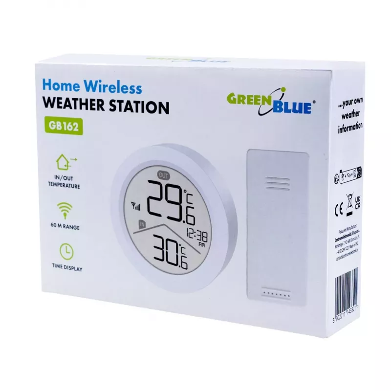 GreenBlue GB162 belaidė orų stotelė, vidaus / lauko temperatūra, laikrodis, °C/°F pasirinkimas, atstumas iki 60 m