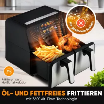 Karšto oro gruzdintuvė ProfiCook PC-FR 1287 H — dviguba 8 l, 2200 W, jutiklinis LED, juoda/nerūdijantis plienas