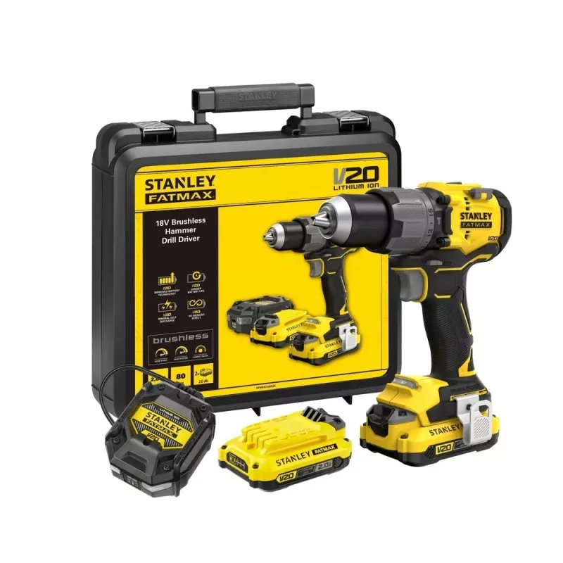 Gręžtuvas-suktuvas STANLEY FatMax V20 SFMCD726D2K 18V, 2x 2Ah Li-Ion, 80 Nm, 2 greičiai, LED