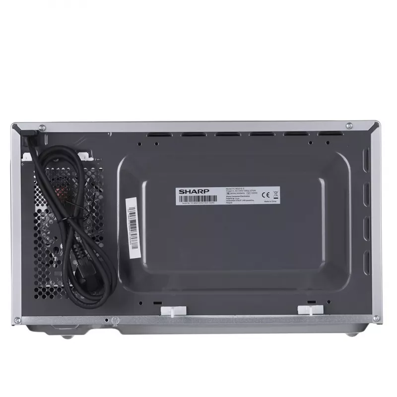Kombinuota mikrobangų krosnelė Sharp YC-MG01E-S — 20 L, 800 W mikrobangos, 1000 W grilis, 5 galios lygiai, sukimo valdiklis, 25,5 cm padėklas