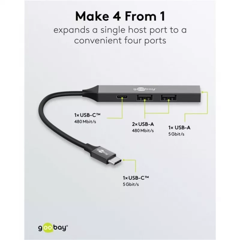 Goobay Slim 4 prievadų USB-Hub, USB-C™ į USB-C™/USB-A, USB 3.2 (74459)