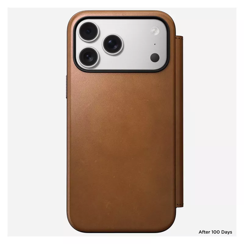Nomad Modern Leather Folio dėklas iPhone 17 Pro Max — Tan (oda, iki 17,5 cm ekrano, 4 kortelių kišenės)
