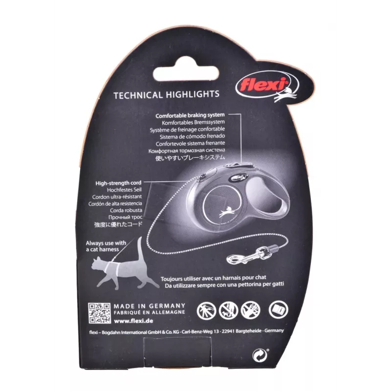 Ištraukiamas pavadėlis Flexi New Classic Cat XS 3 m – virvelinis pavadėlis mažiems augintiniams, juodas, maks. apkrova 8 kg