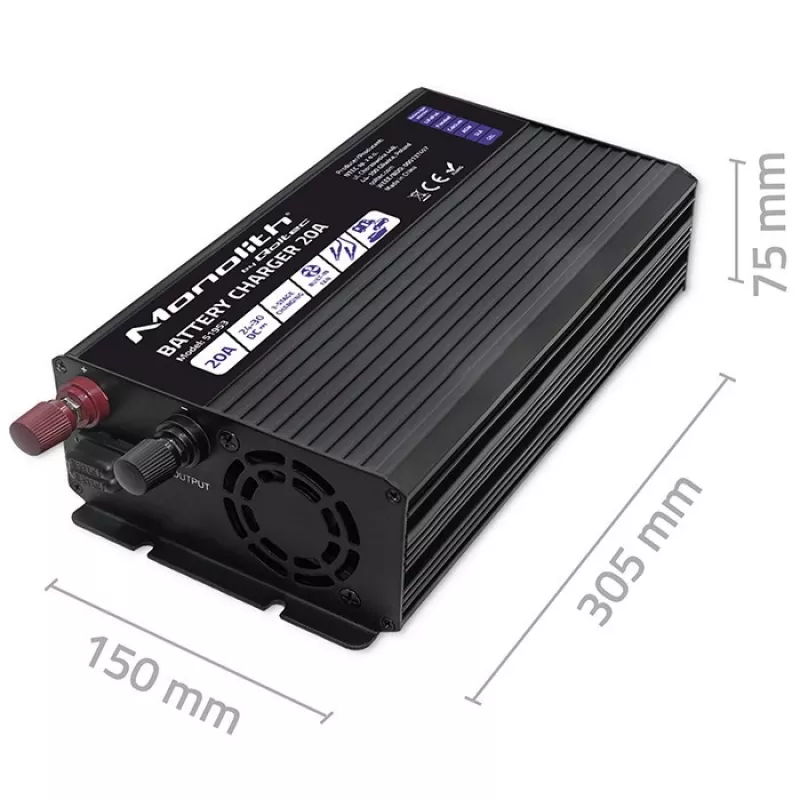 Qoltec Smart Monolith baterijų įkroviklis LiFePO4 AGM GEL SLA | 20A | 24V