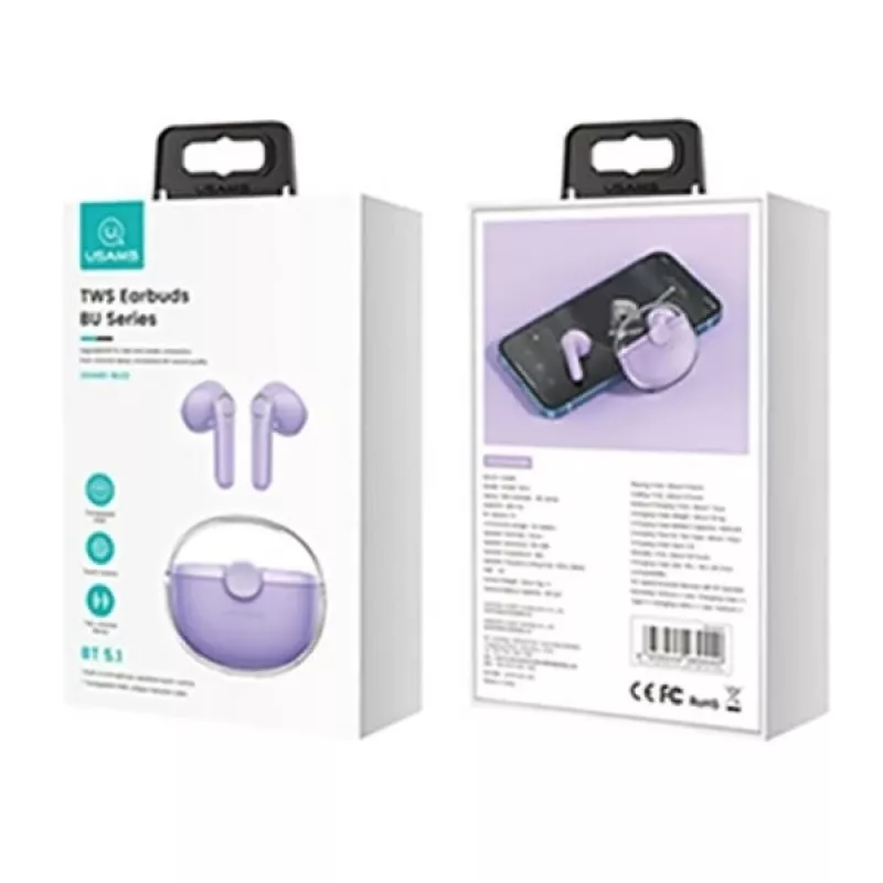 USAMS belaidės ausinės Bluetooth 5.1 TWS liečiamos sportinės, violetinės