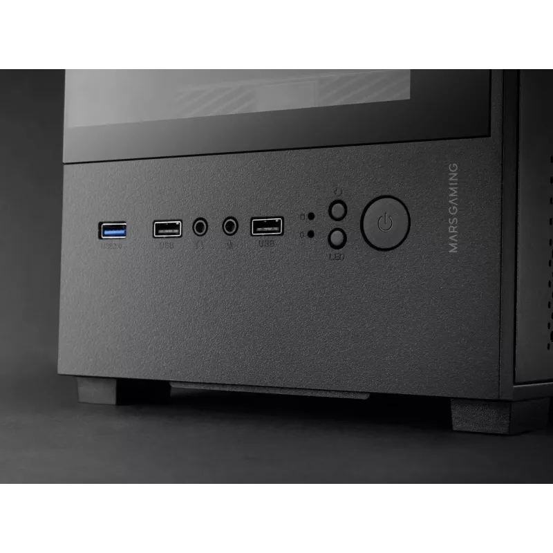 Mini Tower PC korpusas TACENS Mars Gaming MC-SE2 — Mini-ITX / Micro-ATX, juodas, šoninis langas, maitinimo blokas apačioje, palaiko 2x2,5 colio + 1x3,5 colio diskus