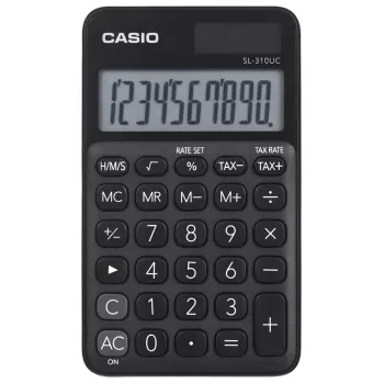 Pagrindinis skaičiuotuvas CASIO SL-310UC-BK – 10 skaitmenų, baterija/saulė, mokesčių ir pelno funkcijos, kišeninis dydis (70×118×8.4 mm), juodas