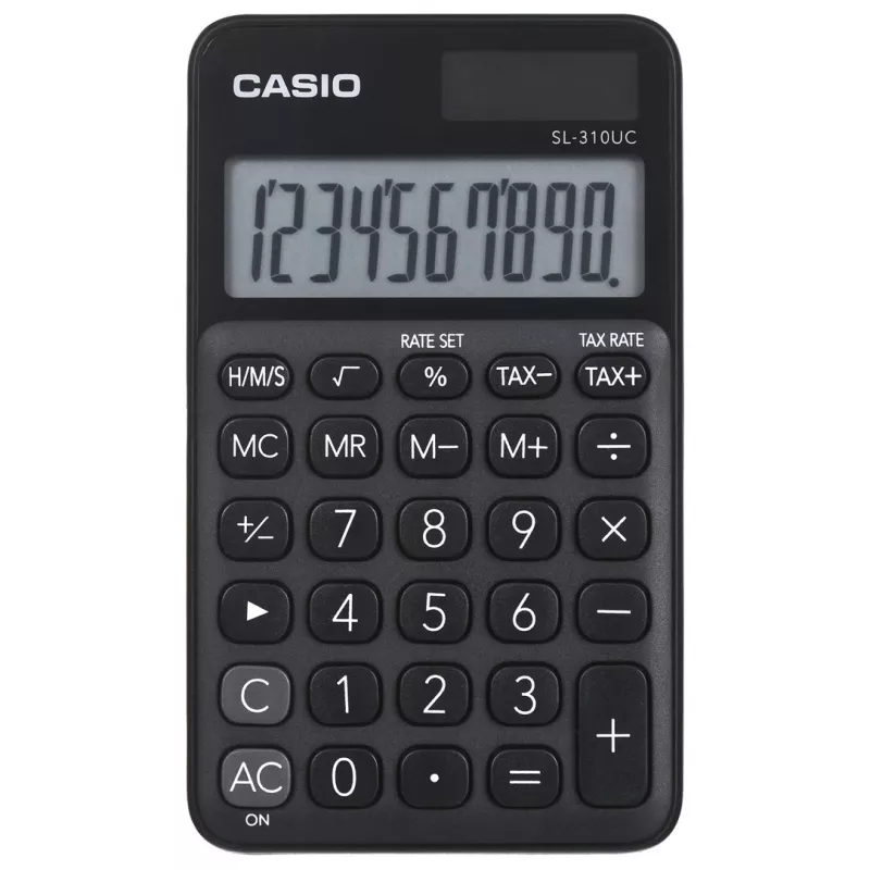 Pagrindinis skaičiuotuvas CASIO SL-310UC-BK – 10 skaitmenų, baterija/saulė, mokesčių ir pelno funkcijos, kišeninis dydis (70×118×8.4 mm), juodas