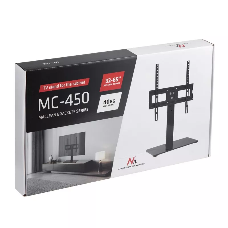 TV stovas MACLEAN MC-450 televizoriams nuo 32 iki 65 colių, maksimali apkrova 40 kg, VESA iki 400×400, montavimui ant stalo
