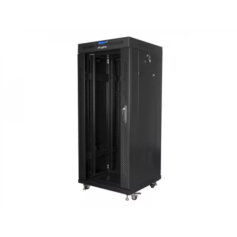 Laisvai pastatomas stovas LANBERG FF01-6627-12BL 19 colių 27U 600x600 mm stiklinėmis durimis, 800 kg talpa