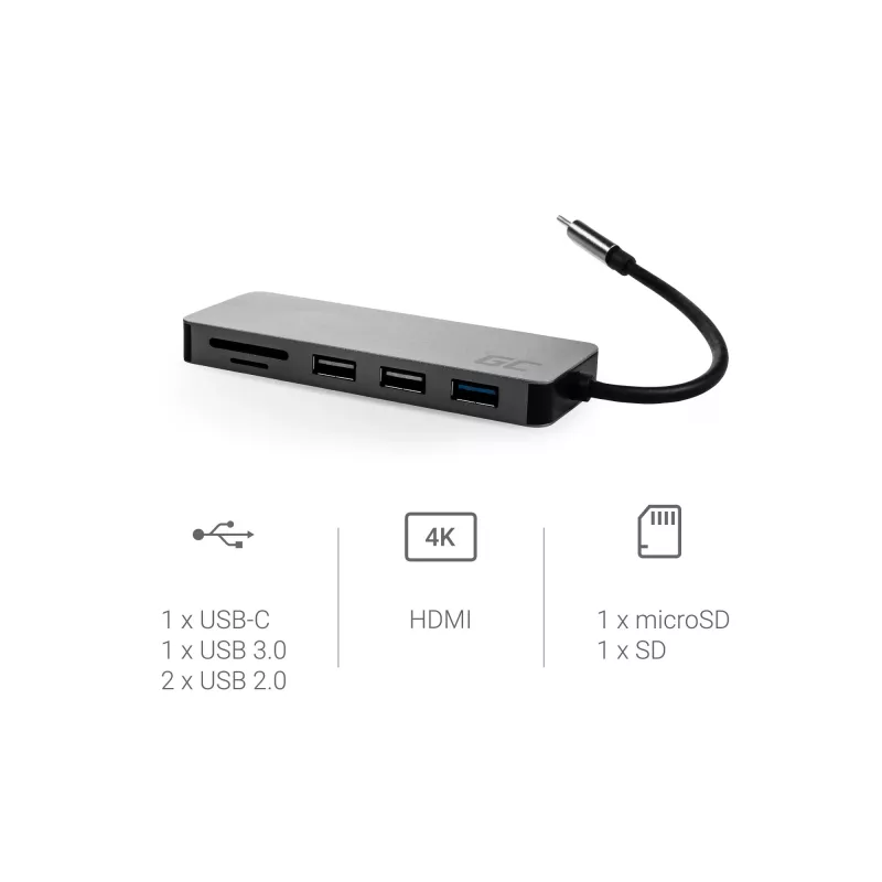 Green Cell AK50 - USB 3.2 Gen 1 (3.1 Gen 1) Type-C - USB 2.0 - USB 3.2 Gen 1 (3.1 Gen 1) Type-A - USB 3.2 Gen 1 (3.1 Gen 1) Type-C - MicroSD (TransFlash) - SD - Sidabrinis - Apple MacBook