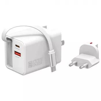 4smarts 541065 GaN Flex Jojo 65W kroviklis į lizdą, 2x USB-C PD + USB-A QC 3.0, išskleidžiamas USB-C laidas, 100-240V, baltos spalvos