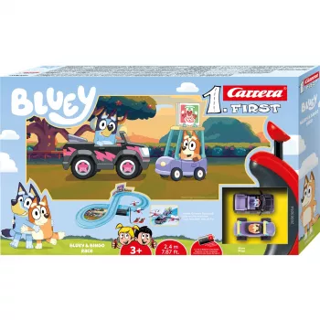 Lenktynių trasa Carrera FIRST Bluey & Bingo Race vaikams – slot car startinis rinkinys