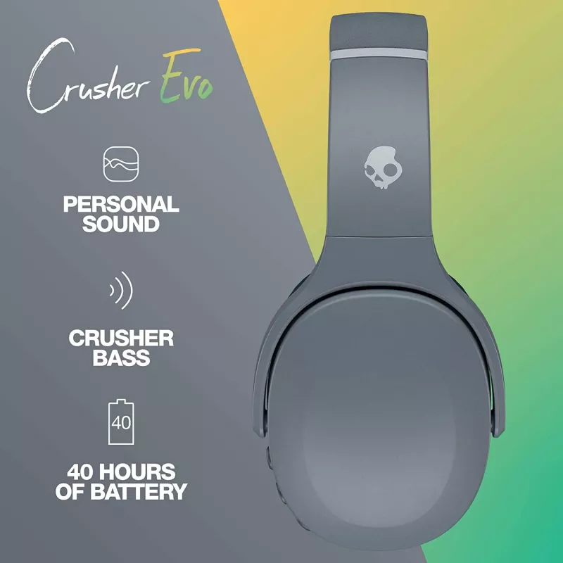Ausinės Skullcandy Crusher Evo — laidinės ir belaidės, pilkos, 40 h atkūrimas, USB-C, AUX, sulankstomos