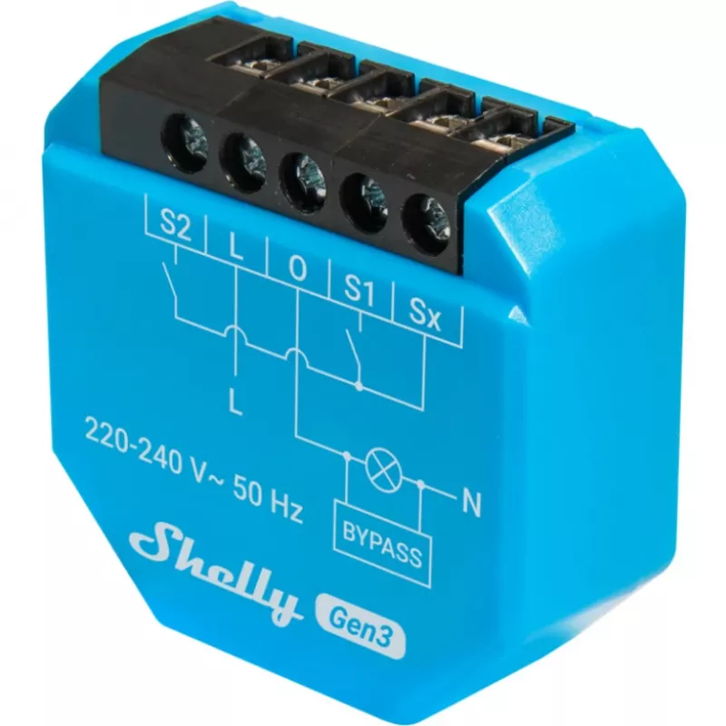 WiFi apšvietimo valdiklis Shelly Shelly_1L_Gen3 — 1 kanalo modulis be nulinio laido, 220–240 V, Wi‑Fi/Bluetooth, 802.11 b/g/n