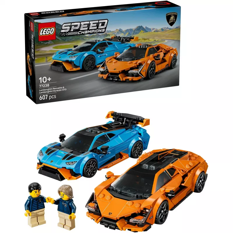 LEGO Speed Champions rinkinys 77238 — Lamborghini Revuelto ir Huracán STO, 607 dalių, 2 minifigūrėlės, rekomenduojama nuo 10 metų