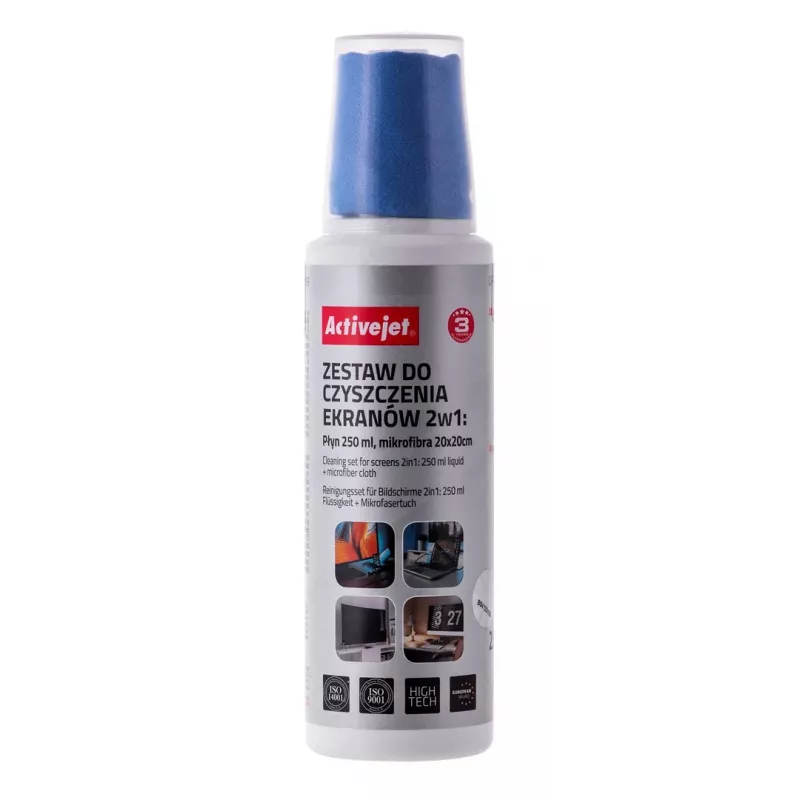 Valymo rinkinys ekranams ir plastikams ActiveJet AOC-269, 2 mikropluošto šluostės 200x200 mm, 250 ml purškiklis
