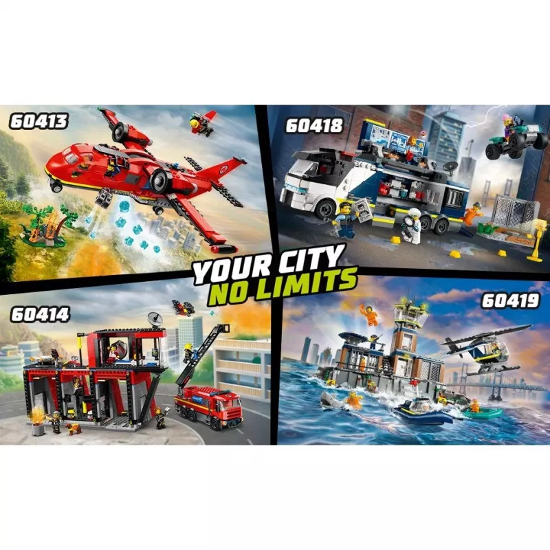 Konstruktorius LEGO City Gaisrinė su sukamu kopėčių automobiliu 60414 — 843 detalės, 5 minifigūrėlės, 220×320×140 mm