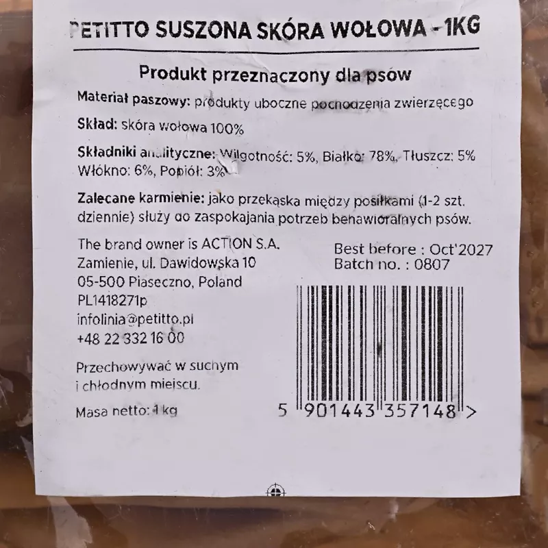 Kramtukai šunims PETITTO džiovinta jautienos oda, 1 kg pakuotė