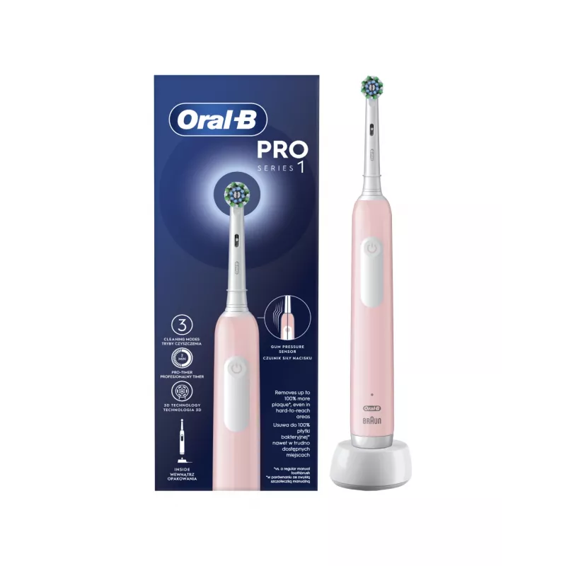 Oral-B elektrinis dantų šepetėlis Pro Series 1 Cross Action, rožinis, suaugusiems, įkraunamas, 1 šepetėlio galvutė, 3 režimai
