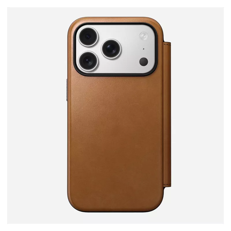 Dėklas folio Nomad Modern Leather Folio, skirtas iPhone 17 Pro, oda + aliuminis, 6,3 colio (16 cm), Tan, 3 kortelių kišenės