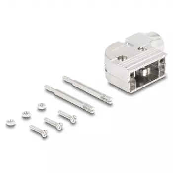 DELOCK D-Sub korpusas 9 kontaktų 90° kampu, sidabrinis plastikas, 33×47×16 mm