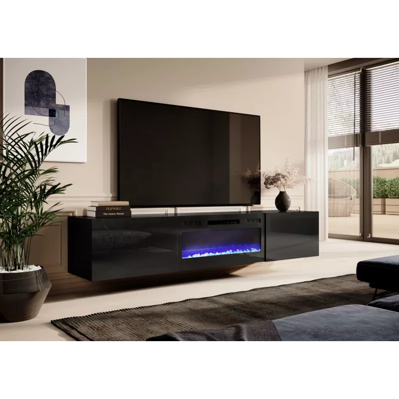 Spintelė televizoriui Cama Meble SLIDE 200K su elektriniu židiniu 200×40×37 cm blizganti juoda, MDF durelės, medžio drožlių plokštės rėmas