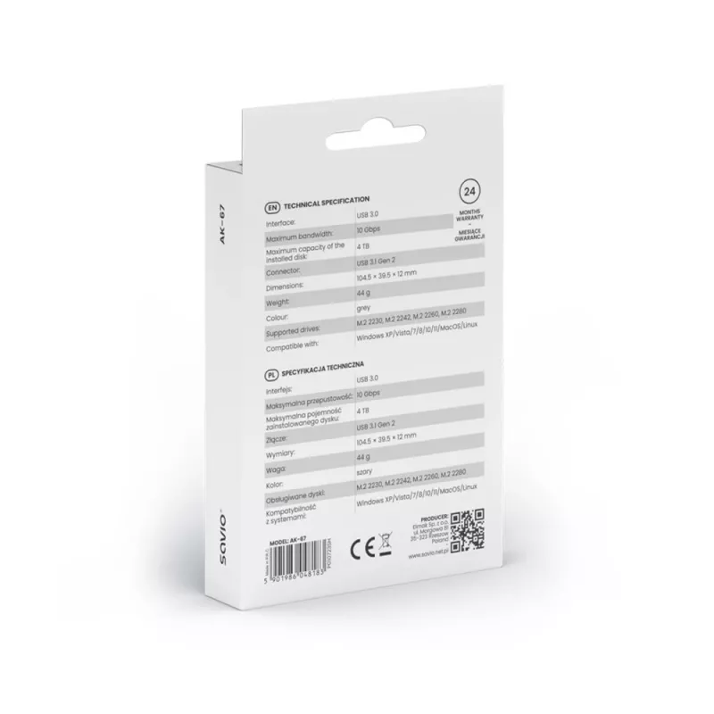 Išorinis M.2 SSD dėklas SAVIO AK-67 Pilka, USB 10 Gbit/s, vienam M.2 diskui