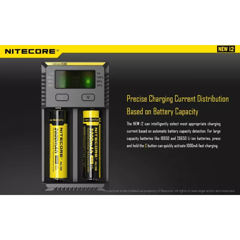 Baterijų kroviklis Nitecore NEW i2 — 2 angos, LiFePO4, Li-Ion, NiMH, 100–240 V, juodas