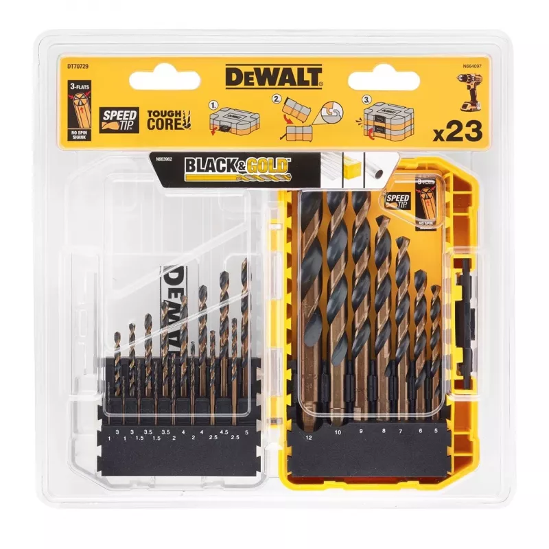 23 dalių juodos ir auksinės spalvos metalo gręžimo rinkinys DeWalt DT70729-QZ