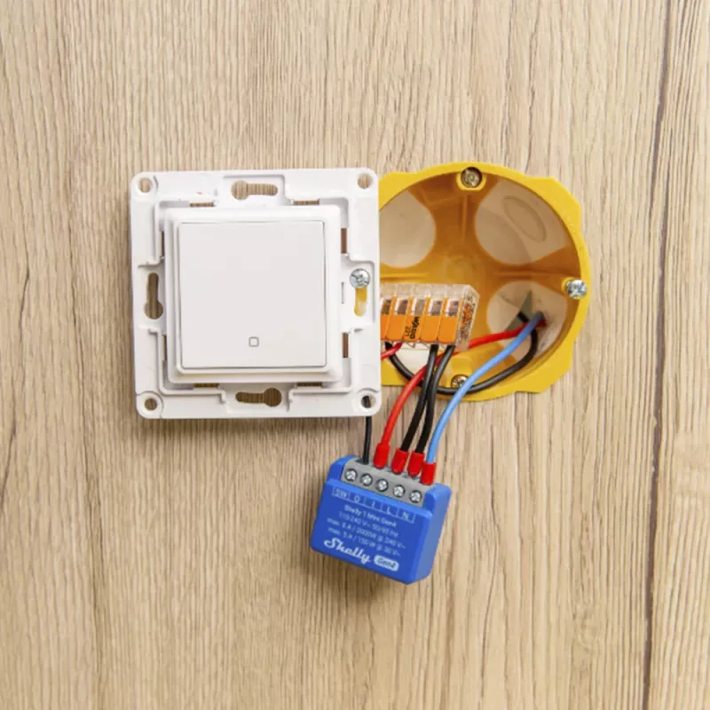 Išmanusis jungiklis Shelly 1 Mini Gen4 1P belaidis 110–240V 50–60Hz 1.2W Bluetooth Wi‑Fi ZigBee 34×16×29 mm