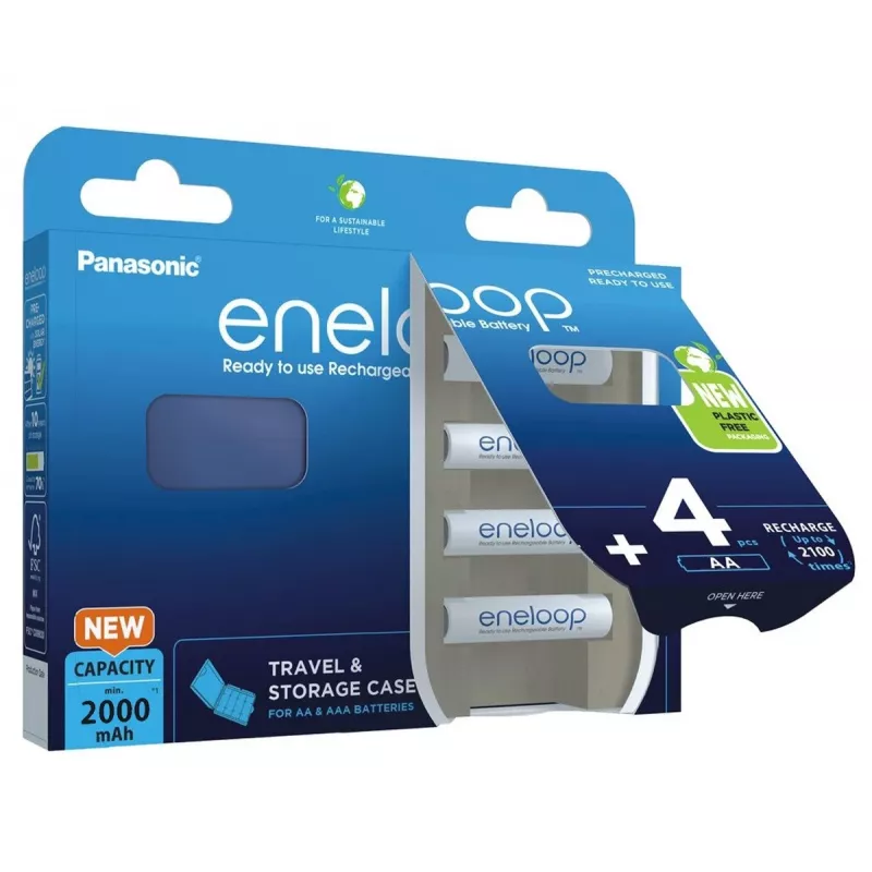 Įkraunamos baterijos PANASONIC ENELOOP AA 2000 mAh 4 vnt. + dėklas (BK-3MCDE/4CP+CASE)