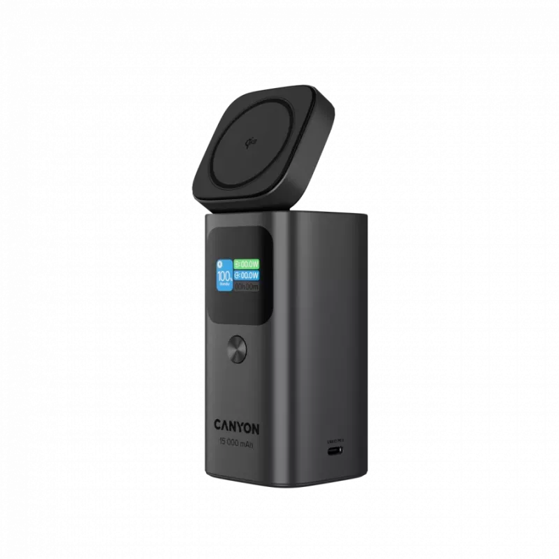 CANYON Qi2 belaidis magnetinis powerbankas OnPower 150 15000mAh Aliuminis tamsiai pilkas