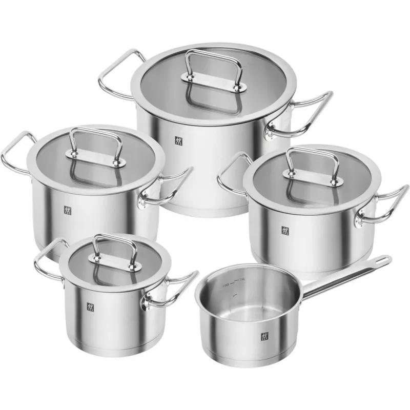 Puodų rinkinys ZWILLING 65120-005-0 – 5 vnt. nerūdijančio plieno puodai su dangčiais, tinka orkaitei ir indaplovei, nelipni danga, max 200°C