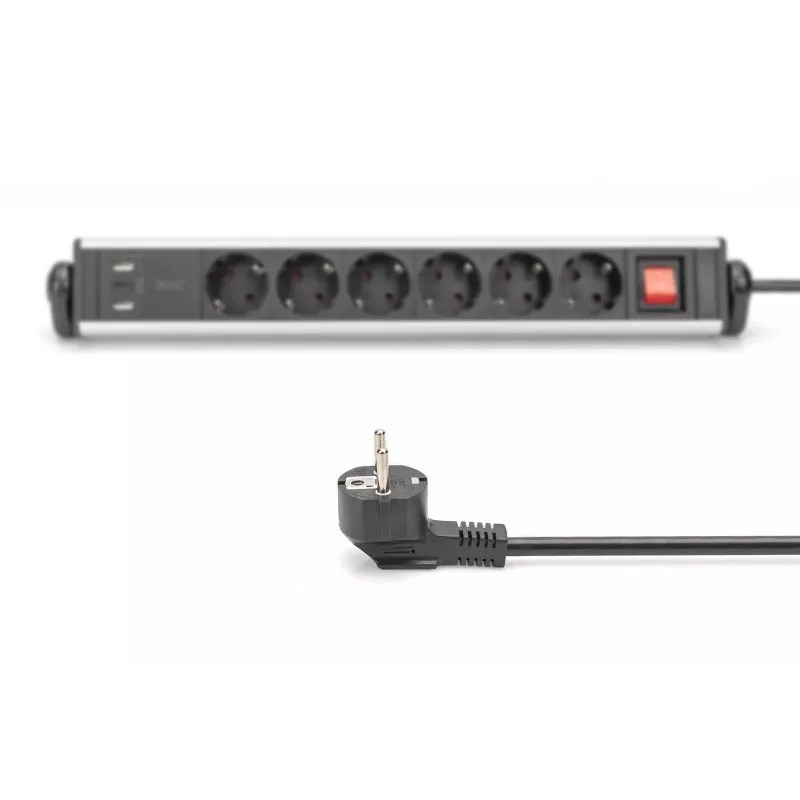 DIGITUS 6-ių lizdų biuro ilgintuvas su 3 USB prievadais, 1,5 m kabelis