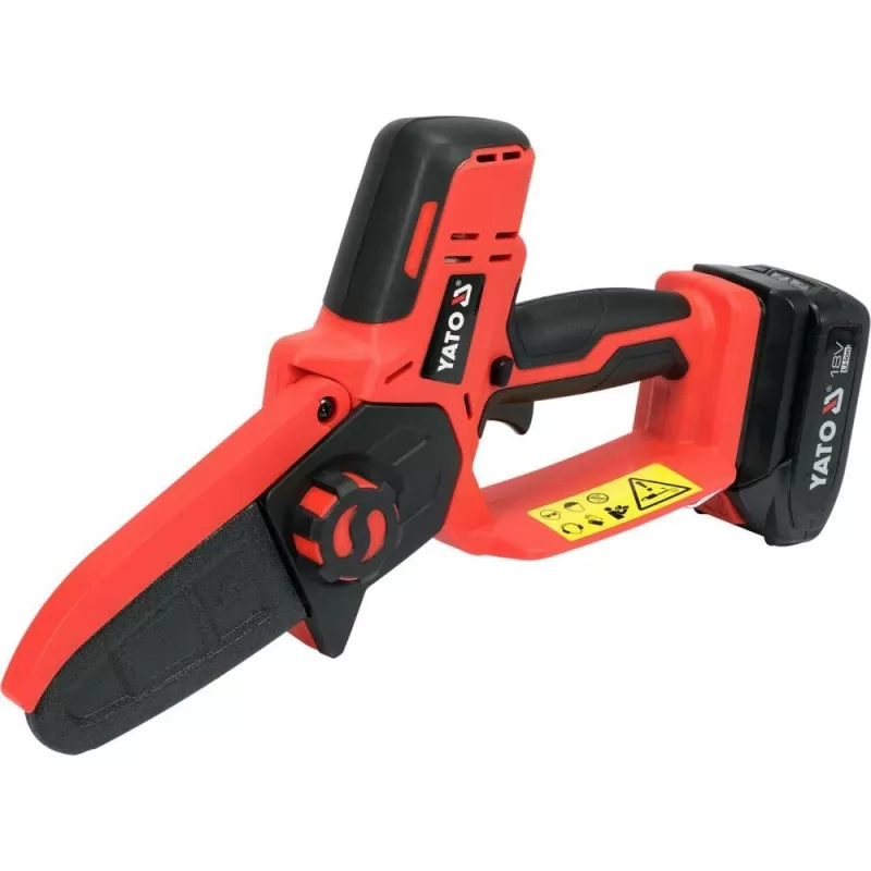 Belaidis grandininis pjūklas YATO YT-828135 — 18V Li-Ion 2Ah, 10 cm padanga, 3200 aps./min., 4,8 m/s grandinės greitis, 26 grandžių