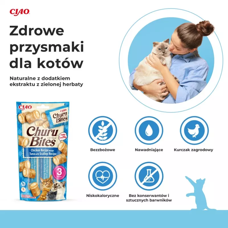 INABA Churu Bites vištiena su tunu ir jūros šukutėmis – skanėstai katėms – 3x10 g