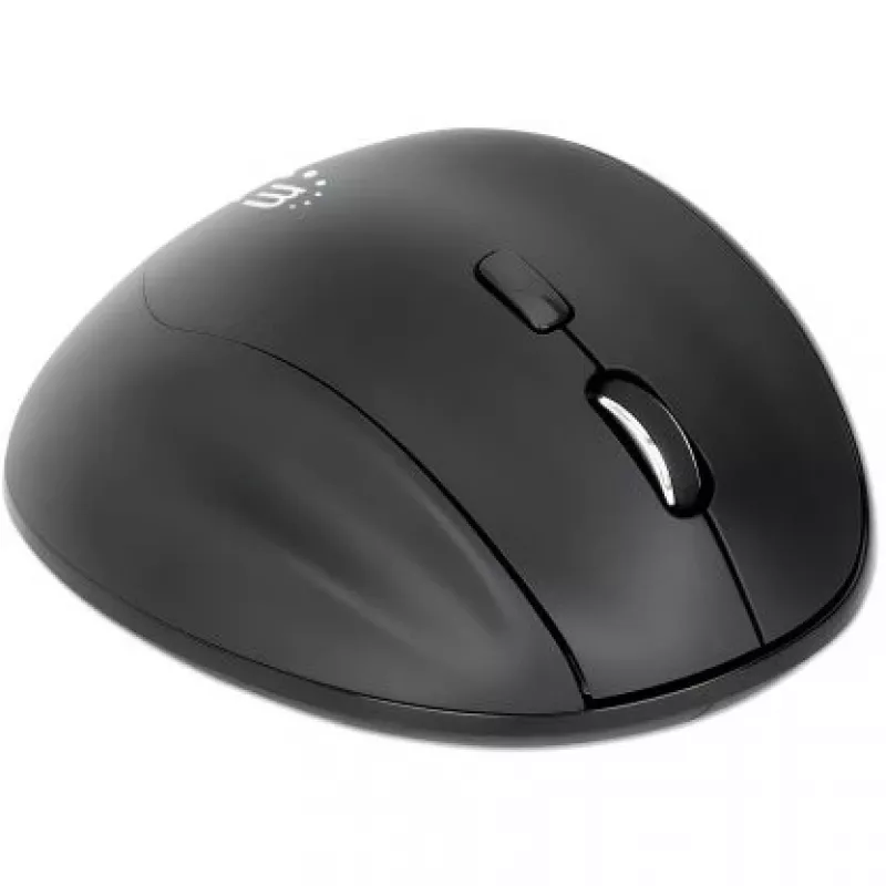 Manhattan ergonominė belaidė pelė dešinei rankai, reguliuojama 800/1200/1600 DPI, 2,4 GHz (iki 10 m), šeši mygtukai su slinkimo ratuku, kombinuotas USB-A ir USB-C imtuvas, juoda, AA baterija (įtraukta), trejų metų garantija