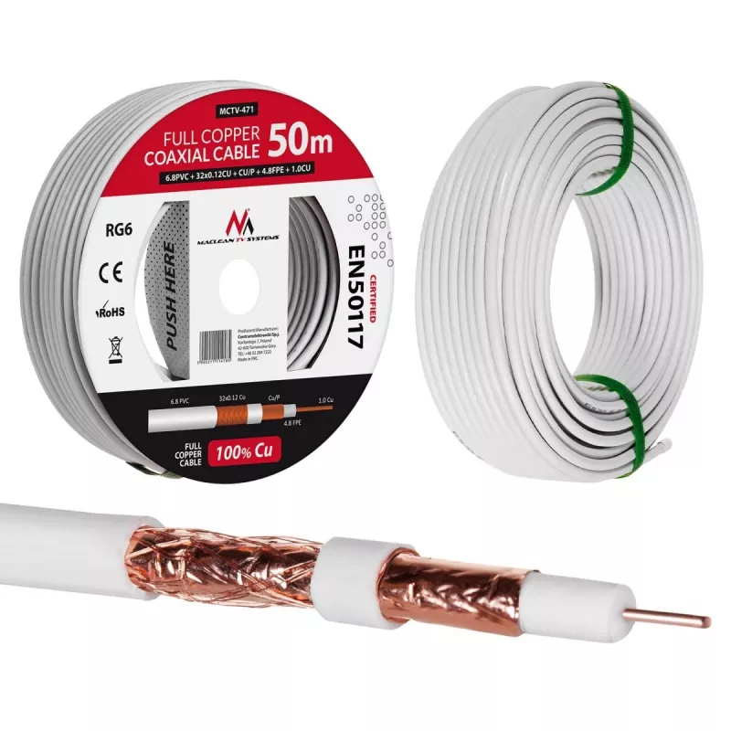 Koaksialinis kabelis Maclean MCTV-471 RG-6/U 50 m baltas