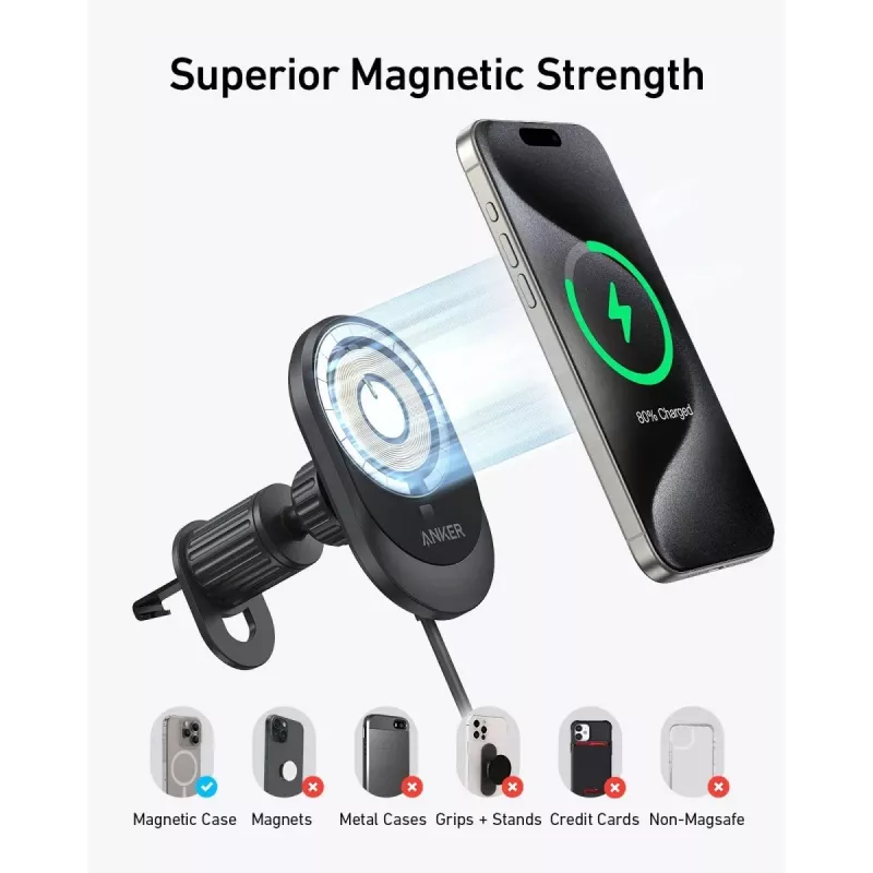 Belaidis magnetinis automobilinis kroviklis Anker MagGo 15W – 15W Qi greitasis krovimas išmaniesiems telefonams, juodas