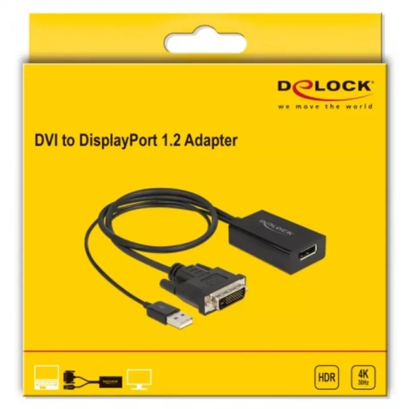 Delock adapterio laidas DVI-D, USB (tik maitinimas) (M) į DisplayPort (M) - DisplayPort 1.2 - 50 cm - Palaiko 4K 30 Hz - Juoda (63189)