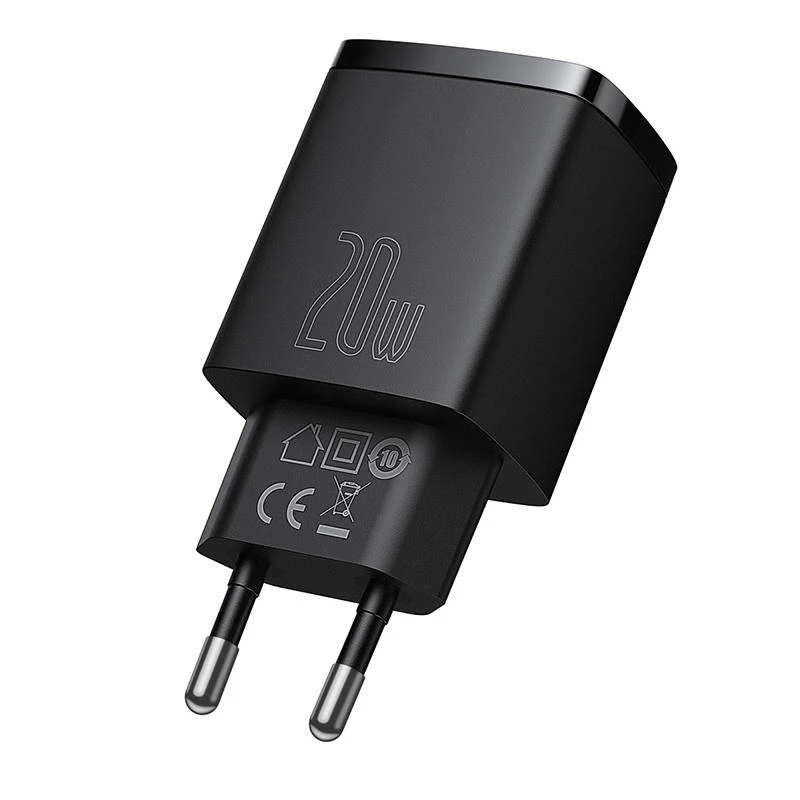 USB greitasis įkroviklis Baseus CCXJ-B01 — 2 prievadai (USB-C PD 20W + USB-A QC3.0 18W), 100–240V, Juodas